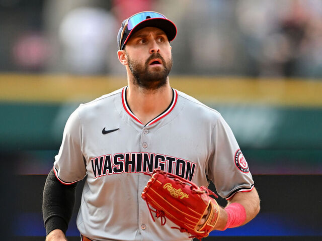 CLEVELAND, OHIO - JUNE 01: Joey Gallo #24 of the Washington Nationals runs off the field after the sixth inning against the Cleveland Guardians at Progressive Field on June 01, 2024 in Cleveland, Ohio.