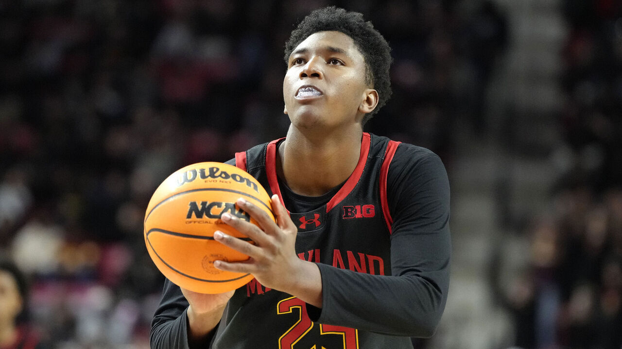 COLLEGE PARK, MD - FEBRUARY 09: Derik Queen #25 of the Maryland Terrapins takes a foul shot un the second half during a college basketball game against the Rutgers Scarlet Knights at XFINITY Center on February 9, 2025 in College Park, Maryland.