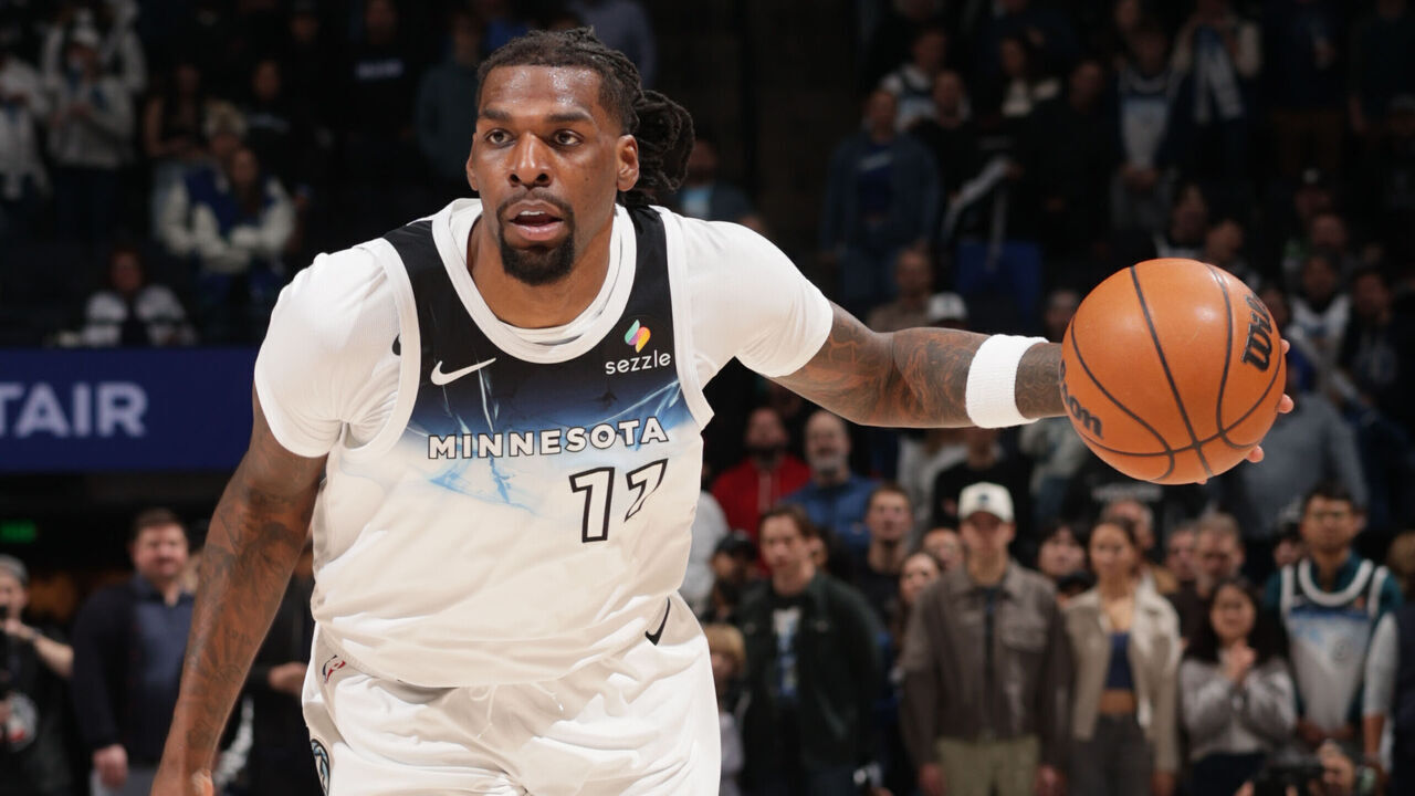 MINNEAPOLIS, MN - FEBRUARY 13: Naz Reid #11 of the Minnesota Timberwolves dribbles the ball during the game against the Oklahoma City Thunder on February 13, 2025 at Target Center in Minneapolis, Minnesota. Mandatory Copyright Notice: Copyright 2025 NBAE .