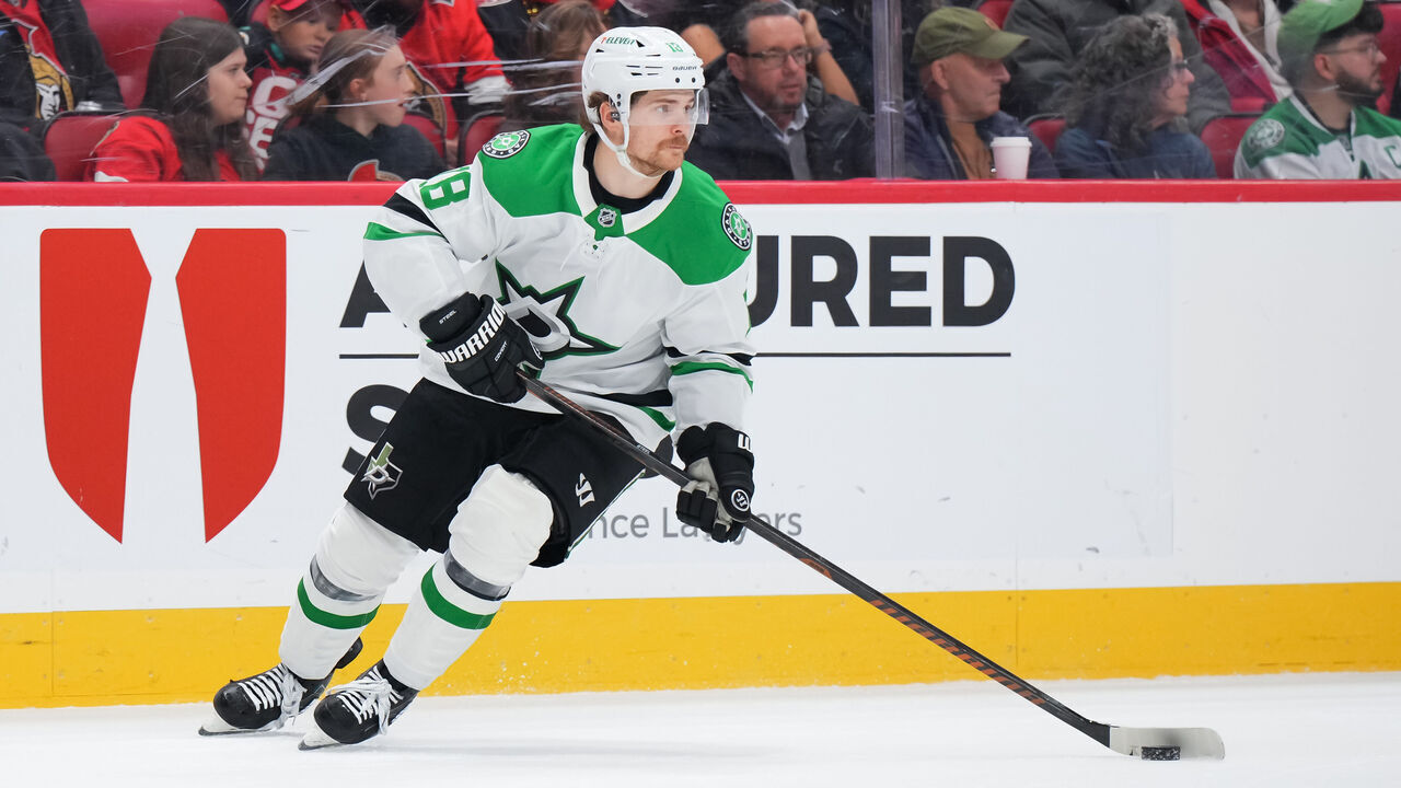 OTTAWA, CANADA - JANUARY 12: Sam Steel #18 of the Dallas Stars skates against the Ottawa Senators at Canadian Tire Centre on January 12, 2025 in Ottawa, Ontario, Canada.