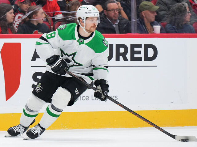 OTTAWA, CANADA - JANUARY 12: Sam Steel #18 of the Dallas Stars skates against the Ottawa Senators at Canadian Tire Centre on January 12, 2025 in Ottawa, Ontario, Canada.