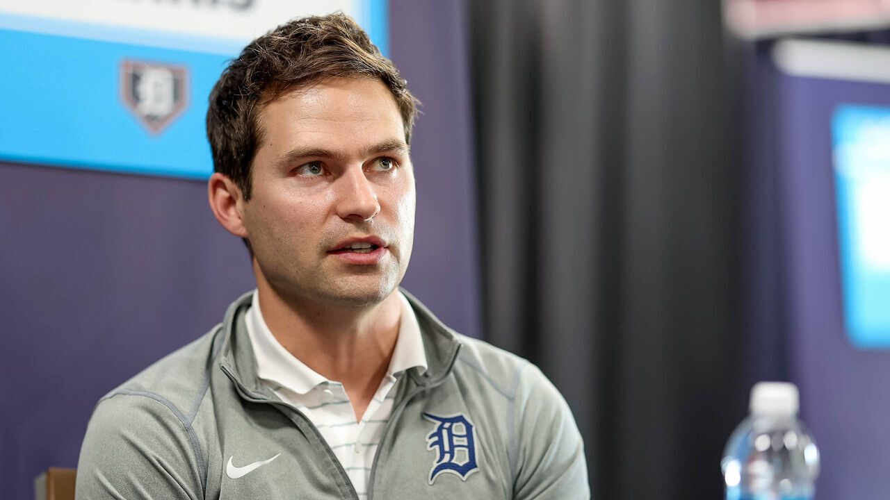 TAMPA, FL - FEBRUARY 15: President of baseball operations Scott Harris of the Detroit Tigers speaks during the 2024 Grapefruit League Spring Training Media Day at George M. Steinbrenner Field on Thursday, February 15, 2024 in Tampa, Florida.
