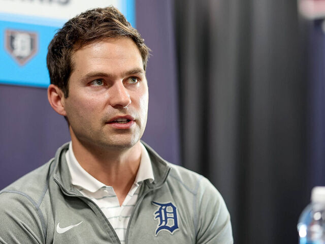 TAMPA, FL - FEBRUARY 15: President of baseball operations Scott Harris of the Detroit Tigers speaks during the 2024 Grapefruit League Spring Training Media Day at George M. Steinbrenner Field on Thursday, February 15, 2024 in Tampa, Florida.