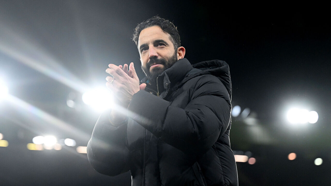 MANCHESTER, ENGLAND - JANUARY 23: Rueben Amorim, Head Coach of Manchester United, applauds the fans at the end of the UEFA Europa League 2024/25 League Phase MD7 match between Manchester United and Rangers FC at Old Trafford on January 23, 2025 in Manchester, England.