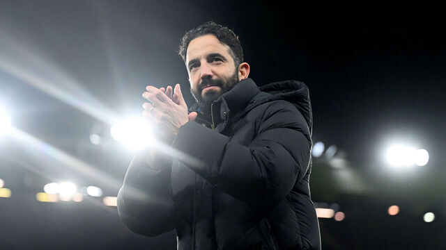 MANCHESTER, ENGLAND - JANUARY 23: Rueben Amorim, Head Coach of Manchester United, applauds the fans at the end of the UEFA Europa League 2024/25 League Phase MD7 match between Manchester United and Rangers FC at Old Trafford on January 23, 2025 in Manchester, England.