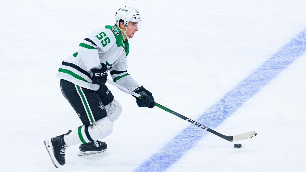 TORONTO, ON - JANUARY 14: Dallas Stars Defenceman Thomas Harley (55) skates with the puck during the NHL regular season game between the Dallas Stars and the Toronto Maple Leafs on January 14, 2025, at Scotiabank Arena in Toronto, ON, Canada.