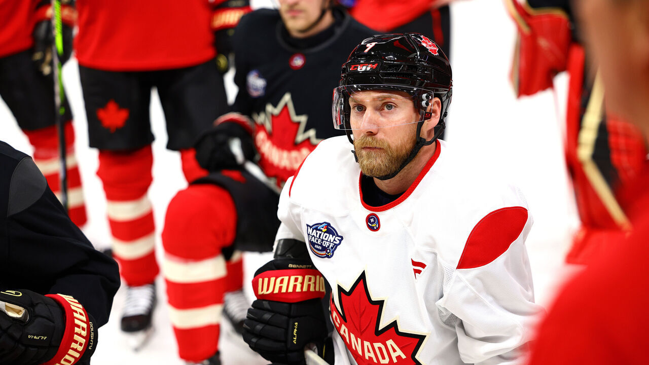 MONTREAL, QUEBEC - FEBRUARY 11: Sam Bennett #9 of Team Canada takes a knee during a practice session prior to the 2025 NHL 4 Nations Face-Off at Bell Centre on February 11, 2025 in Montreal, Quebec.