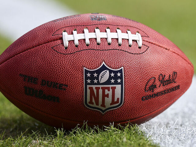 KANSAS CITY, MISSOURI - JANUARY 17: A detail of the NFL Shield logo on a game ball at GEHA Field at Arrowhead Stadium on January 17, 2025 in Kansas City, Missouri.