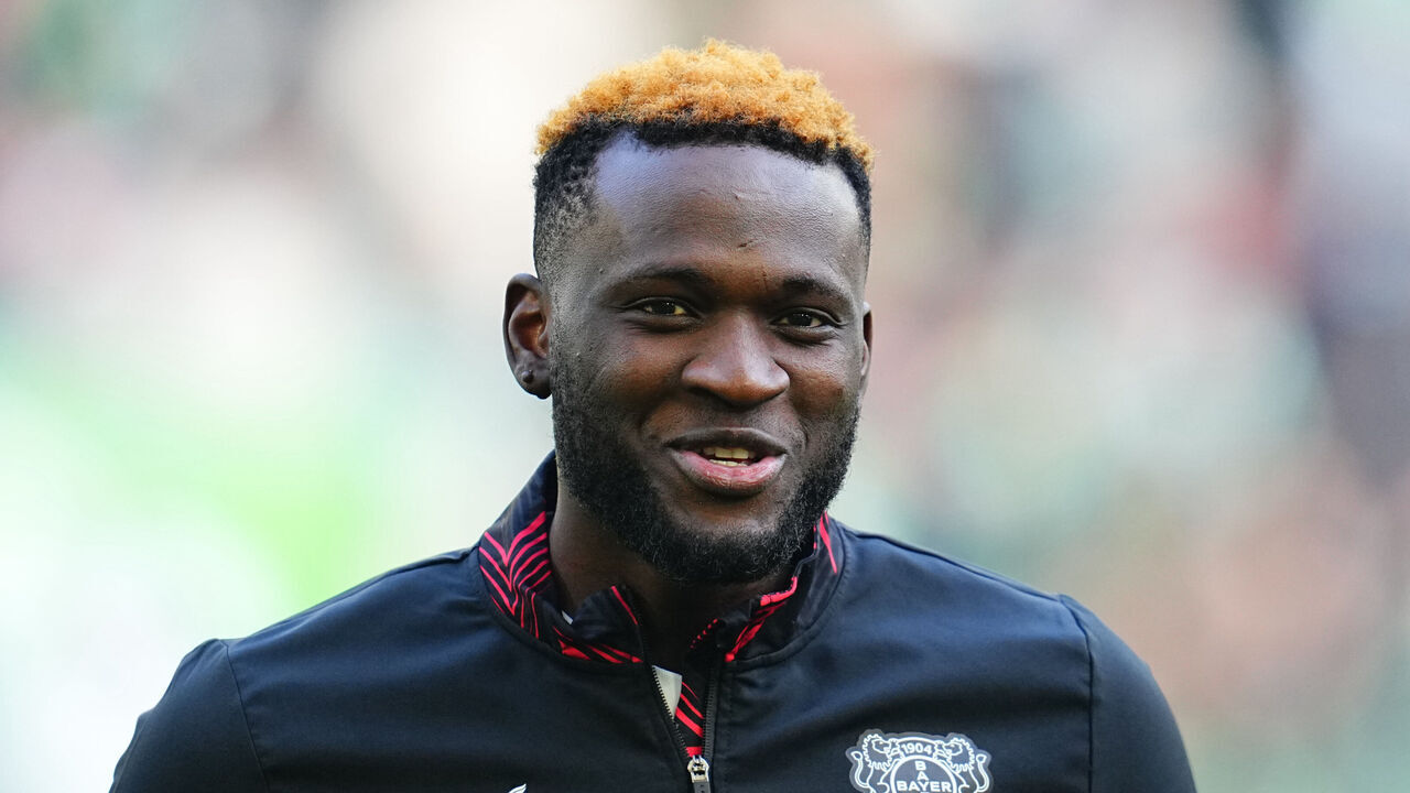 Victor Boniface of Bayer 04 Leverkusen looks on during the 1. Bundesliga match between VfL Wolfsburg and Bayer Leverkusen at Volkswagen Arena, Wolfsburg, Germany on February 8, 2025.