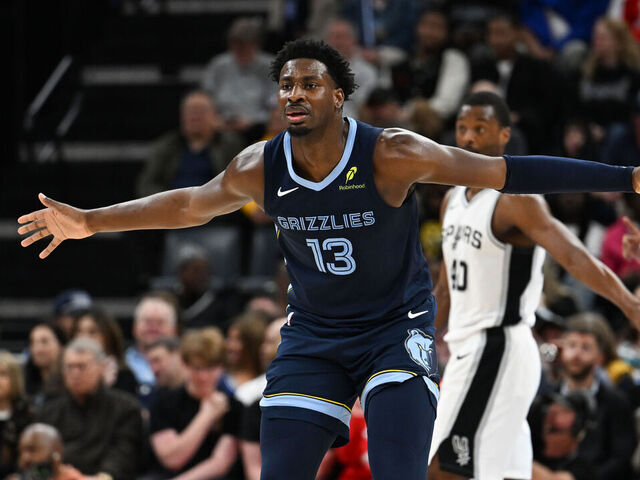 MEMPHIS, TN - FEBRUARY 3: Jaren Jackson Jr. #13 of the Memphis Grizzlies plays defense during the game against the San Antonio Spurs on February 3, 2025 at FedExForum in Memphis, Tennessee. Mandatory Copyright Notice: Copyright 2025 NBAE