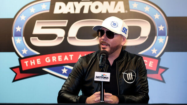 DAYTONA BEACH, FLORIDA - FEBRUARY 18: Singer and Trackhouse Racing Team co-owner Pitbull speaks to the media during a press conference after the NASCAR Cup Series Daytona 500 was postponed due to weather at Daytona International Speedway on February 18, 2024 in Daytona Beach, Florida.