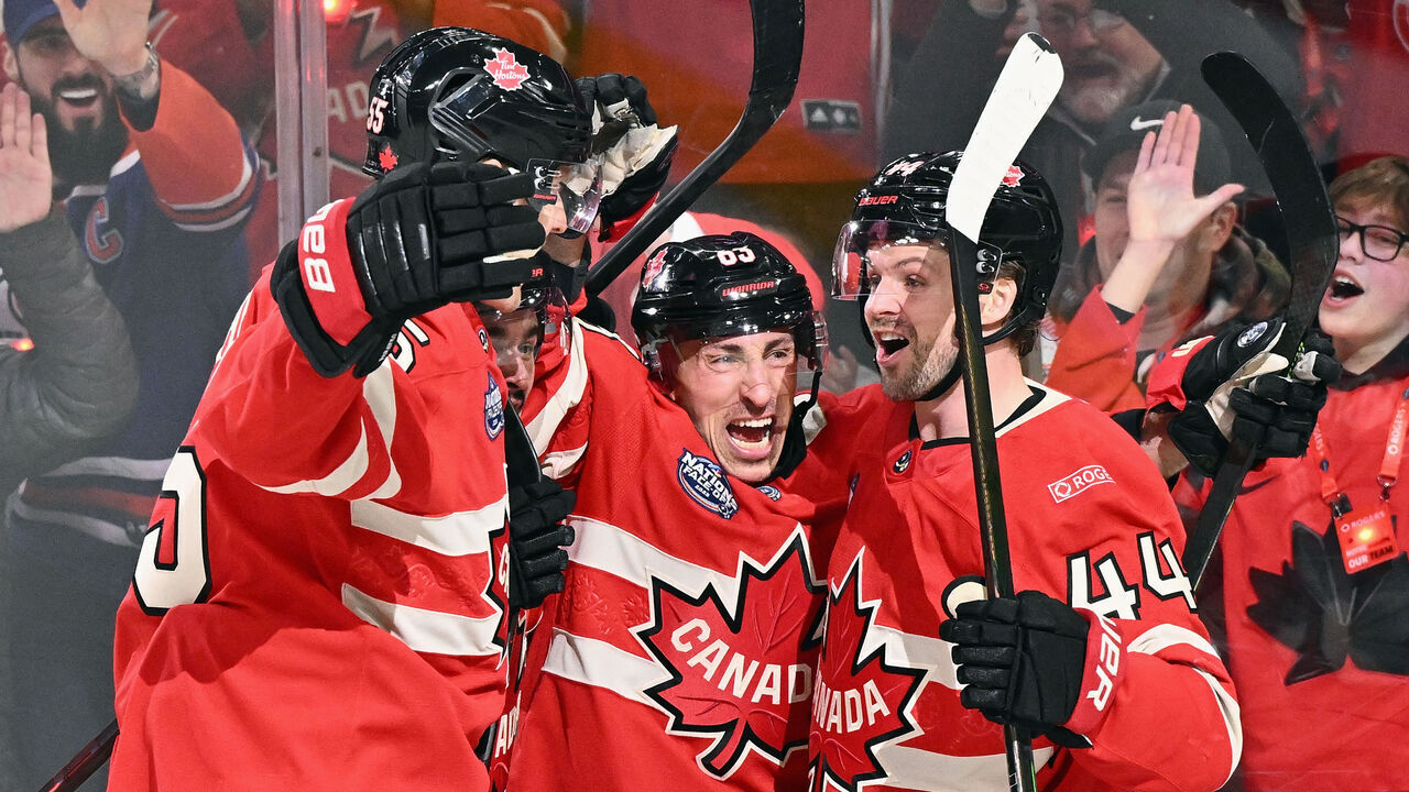 MONTREAL, QUEBEC - FEBRUARY 12: (l-r) Colton Parayko #55, Seth Jarvis #24, Brad Marchand #63 and Josh Morrissey #44 of Team Canada celebrate Marchand's first period goal against Team Sweden in the NHL 4 Nations Face-Off at Bell Centre on February 12, 2025 in Montreal, Quebec.