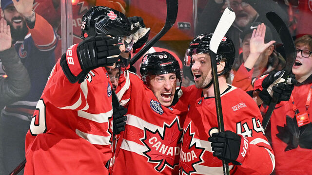 MONTREAL, QUEBEC - FEBRUARY 12: (l-r) Colton Parayko #55, Seth Jarvis #24, Brad Marchand #63 and Josh Morrissey #44 of Team Canada celebrate Marchand's first period goal against Team Sweden in the NHL 4 Nations Face-Off at Bell Centre on February 12, 2025 in Montreal, Quebec.