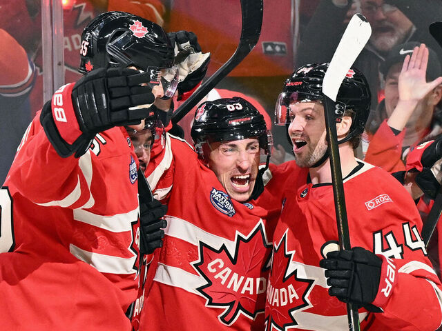 MONTREAL, QUEBEC - FEBRUARY 12: (l-r) Colton Parayko #55, Seth Jarvis #24, Brad Marchand #63 and Josh Morrissey #44 of Team Canada celebrate Marchand's first period goal against Team Sweden in the NHL 4 Nations Face-Off at Bell Centre on February 12, 2025 in Montreal, Quebec.
