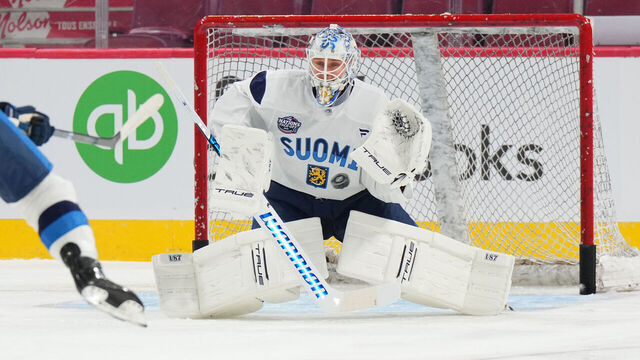 MONTREAL, QUEBEC - FEBRUARY 11: Kevin Lankinen #32 of Team Finland in action during a practice session prior to the 2025 NHL 4 Nations Face-Off at Bell Centre on February 11, 2025 in Montreal, Quebec.