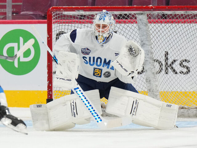 MONTREAL, QUEBEC - FEBRUARY 11: Kevin Lankinen #32 of Team Finland in action during a practice session prior to the 2025 NHL 4 Nations Face-Off at Bell Centre on February 11, 2025 in Montreal, Quebec.