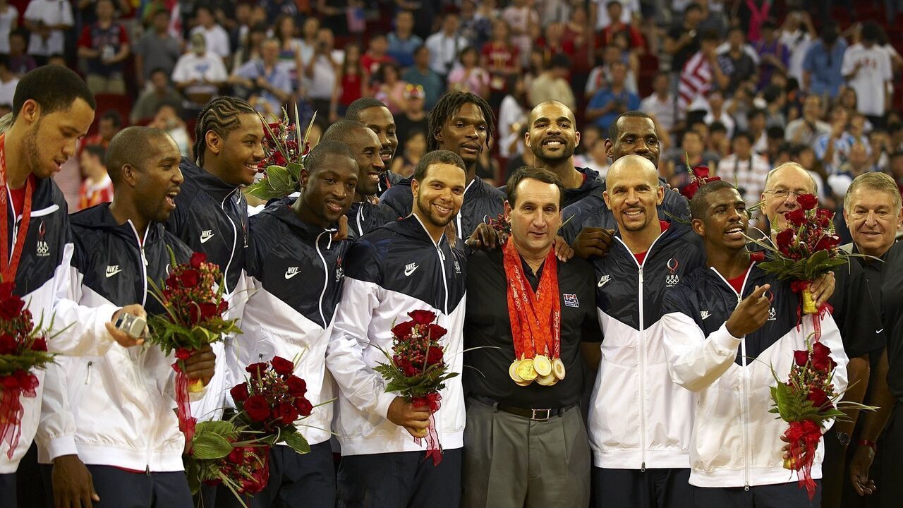 Basketball: 2008 Summer Olympics: USA team and head coach Mike Krzyzewski victorious with gold medals after game vs Spain during Men's Final at Olympic Basketball Gymnasium in Wukesong Culture and Sports Center. Beijing, China 8/24/2008 CREDIT: Bob Rosato