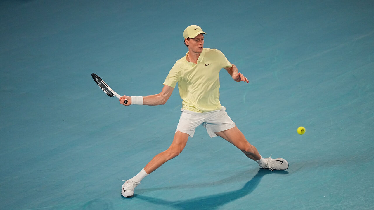 Tennis: Australian Open: Jannik Sinner of Italy in action, hits the ball vs Alexander Zverev of Germany during the Men's Singles Final match at Melbourne Park. Melbourne, Australia 1/26/2025 CREDIT: Erick W. Rasco (Set Number: X164673)