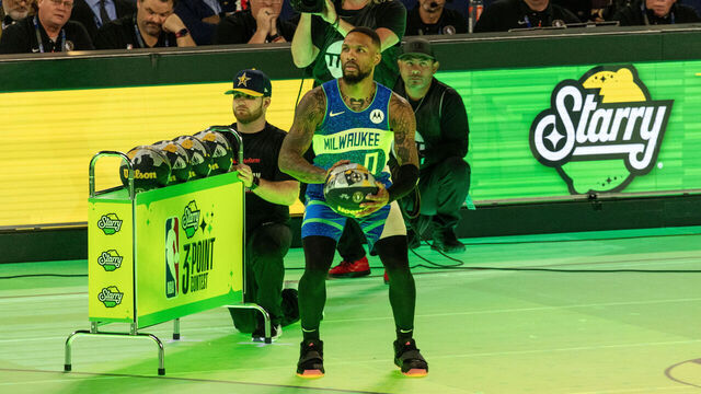 INDIANAPOLIS, IN - FEBRUARY 17: Damian Lillard #0 of the Milwaukee Bucks shoots the ball during the Starry 3 point contest as a part of State Farm All-Star Saturday Night on Saturday, February 17, 2024 at Lucas Oil Stadium in Indianapolis, Indiana. NOTE TO USER: User expressly acknowledges and agrees that, by downloading and/or using this Photograph, user is consenting to the terms and conditions of the Getty Images License Agreement. Mandatory Copyright Notice: Copyright 2024 NBAE