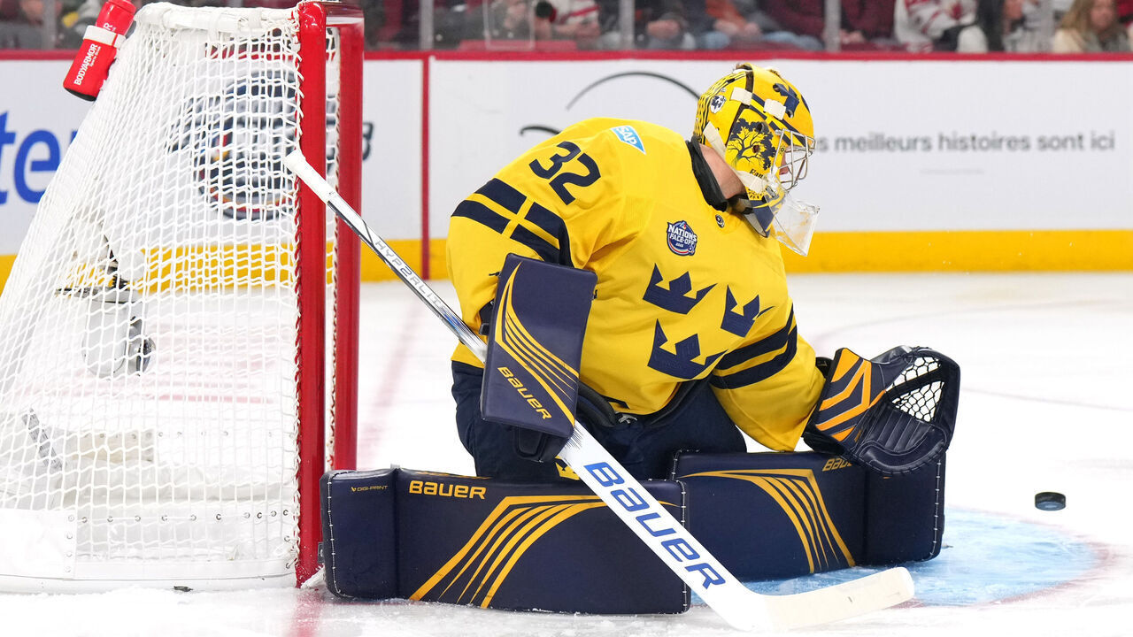 MONTREAL, QUEBEC - FEBRUARY 15: Filip Gustavsson #32 of Team Sweden makes a save during the first period of the 4 Nations Face-Off game between Finland and Sweden at Bell Centre on February 15, 2025 in Montreal, Quebec.