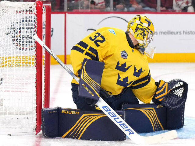 MONTREAL, QUEBEC - FEBRUARY 15: Filip Gustavsson #32 of Team Sweden makes a save during the first period of the 4 Nations Face-Off game between Finland and Sweden at Bell Centre on February 15, 2025 in Montreal, Quebec.