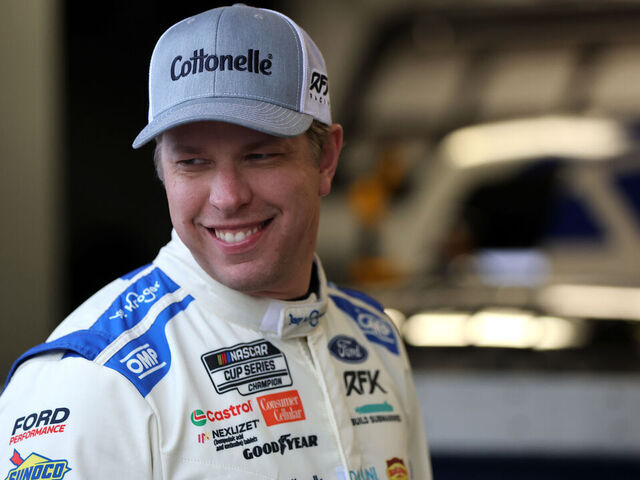 DAYTONA BEACH, FLORIDA - FEBRUARY 14: Brad Keselowski, driver of the #6 Kroger/Cottonelle Ford looks on in the garage area during practice for the NASCAR Cup Series Daytona 500 at Daytona International Speedway on February 14, 2025 in Daytona Beach, Florida.