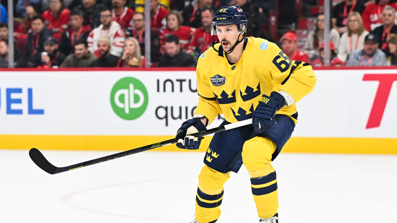 MONTREAL, CANADA - FEBRUARY 12: Erik Karlsson #65 of Team Sweden skates during the first period against Team Canada in the 2025 NHL 4 Nations Face-Off at the Bell Centre on February 12, 2025 in Montreal, Quebec, Canada. Team Canada defeated Team Sweden 4-3 in overtime.