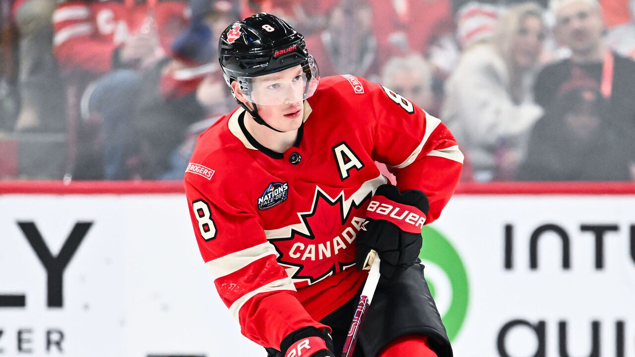 MONTREAL, CANADA - FEBRUARY 12: Cale Makar #8 of Team Canada skates the puck during the third period against Team Sweden in the 2025 NHL 4 Nations Face-Off at the Bell Centre on February 12, 2025 in Montreal, Quebec, Canada. Team Canada defeated Team Sweden 4-3 in overtime.