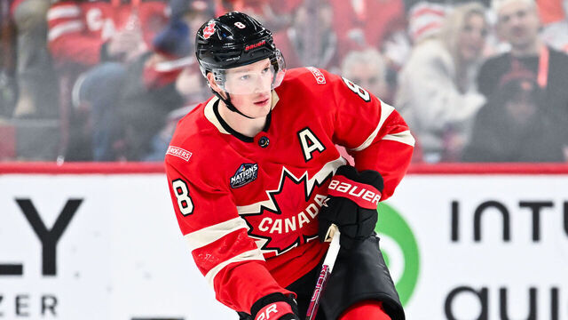 MONTREAL, CANADA - FEBRUARY 12: Cale Makar #8 of Team Canada skates the puck during the third period against Team Sweden in the 2025 NHL 4 Nations Face-Off at the Bell Centre on February 12, 2025 in Montreal, Quebec, Canada. Team Canada defeated Team Sweden 4-3 in overtime.