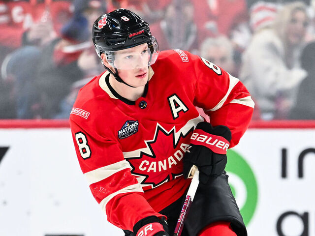 MONTREAL, CANADA - FEBRUARY 12: Cale Makar #8 of Team Canada skates the puck during the third period against Team Sweden in the 2025 NHL 4 Nations Face-Off at the Bell Centre on February 12, 2025 in Montreal, Quebec, Canada. Team Canada defeated Team Sweden 4-3 in overtime.