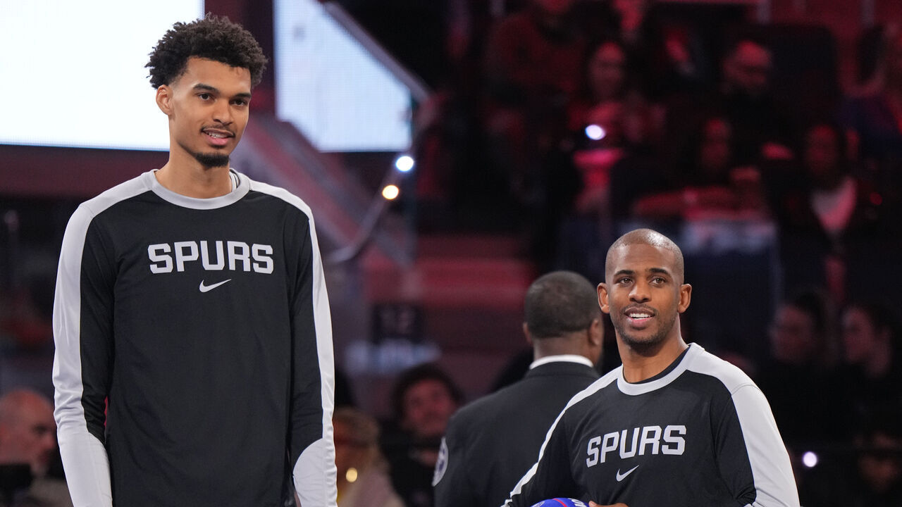 SAN FRANCISCO, CA - FEBRUARY 15: Victor Wembanyama #1 and Chris Paul #3 of Team Spurs look on during the KIA Skills Challenge as part of State Farm All-Star Saturday Night on Saturday, February 15, 2025 at Chase Center in San Francisco, California. NOTE TO USER: User expressly acknowledges and agrees that, by downloading and/or using this Photograph, user is consenting to the terms and conditions of the Getty Images License Agreement. Mandatory Copyright Notice: Copyright 2025 NBAE