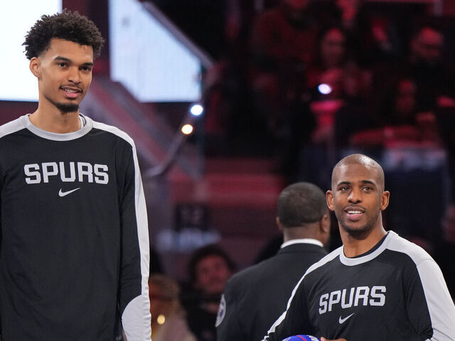 SAN FRANCISCO, CA - FEBRUARY 15: Victor Wembanyama #1 and Chris Paul #3 of Team Spurs look on during the KIA Skills Challenge as part of State Farm All-Star Saturday Night on Saturday, February 15, 2025 at Chase Center in San Francisco, California. NOTE TO USER: User expressly acknowledges and agrees that, by downloading and/or using this Photograph, user is consenting to the terms and conditions of the Getty Images License Agreement. Mandatory Copyright Notice: Copyright 2025 NBAE