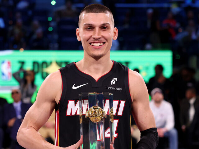 SAN FRANCISCO, CALIFORNIA - FEBRUARY 15: Tyler Herro #14 of the Miami Heat poses with the trophy after winning the 2025 Starry 3-Point Contest as part of the State Farm All-Star Saturday Night at Chase Center on February 15, 2025 in San Francisco, California.