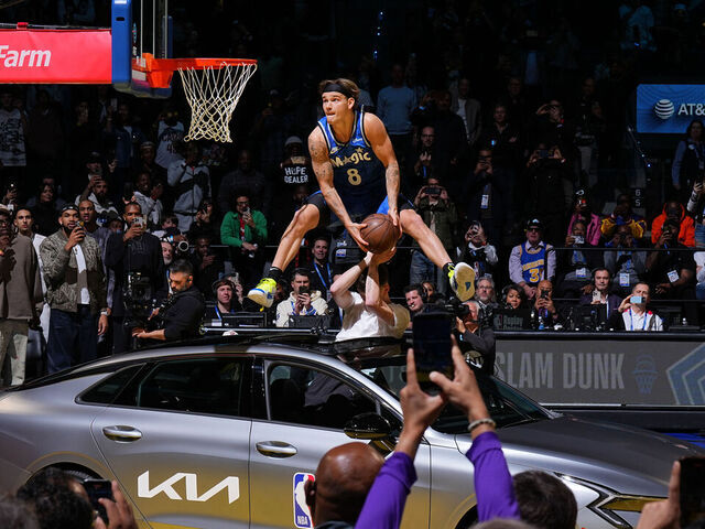 SAN FRANCISCO, CA - FEBRUARY 15: Mac McClung #0 of the Osceola Magic dunks the ball during the AT&T Slam Dunk Contest as part of State Farm All-Star Saturday Night on Saturday, February 15, 2025 at Chase Center in San Francisco, California. NOTE TO USER: User expressly acknowledges and agrees that, by downloading and/or using this Photograph, user is consenting to the terms and conditions of the Getty Images License Agreement. Mandatory Copyright Notice: Copyright 2025 NBAE