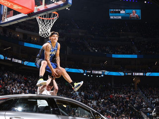 SAN FRANCISCO, CA - FEBRUARY 15: Mac McClung #0 of the Osceola Magic dunks the ball during the AT&T Slam Dunk Contest as part of State Farm All-Star Saturday Night on Saturday, February 15, 2025 at Chase Center in San Francisco, California. NOTE TO USER: User expressly acknowledges and agrees that, by downloading and/or using this Photograph, user is consenting to the terms and conditions of the Getty Images License Agreement. Mandatory Copyright Notice: Copyright 2025 NBAE