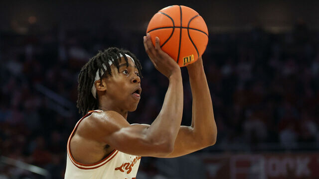 AUSTIN, TX - FEBRUARY 11: Texas Longhorns guard Tre Johnson (20) takes a free throw during the SEC college basketball game between Texas Longhorns and Alabama Crimson Tide on February 11, 2025, at Moody Center in Austin, Texas.