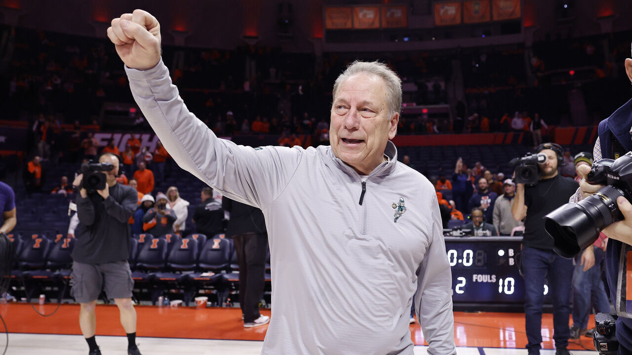 CHAMPAIGN, ILLINOIS - FEBRUARY 15: Head coach Tom Izzo of the Michigan State Spartans celebrates after defeating the Illinois Fighting Illini, his 354th win in the Big Ten, passing Bob Knight for the coach with the most Big Ten wins, at State Farm Center on February 15, 2025 in Champaign, Illinois.