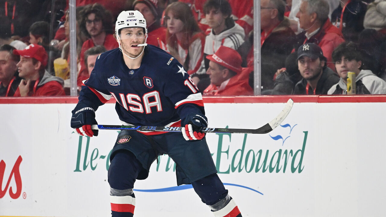 MONTREAL, CANADA - FEBRUARY 15: Matthew Tkachuk #19 of Team USA skates against Team Canada during the second period in the 4 Nations Face-Off game at the Bell Centre on February 15, 2025 in Montreal, Quebec, Canada.