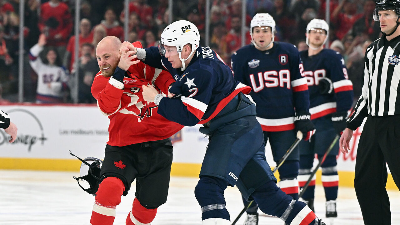 MONTREAL, CANADA - FEBRUARY 15: Brady Tkachuk #7 of Team USA and Sam Bennett #9 of Team Canada fight during the first period in the 4 Nations Face-Off game at the Bell Centre on February 15, 2025 in Montreal, Quebec, Canada.