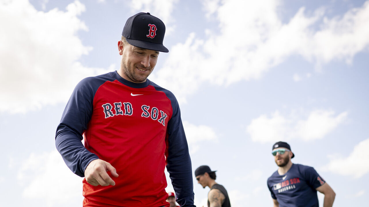 FORT MYERS, FLORIDA - FEBRUARY 15: Alex Bregman #3 of the Boston Red Sox reacts during a Spring Training workout at JetBlue Park at Fenway South in Fort Myers, Florida on February 15, 2025.