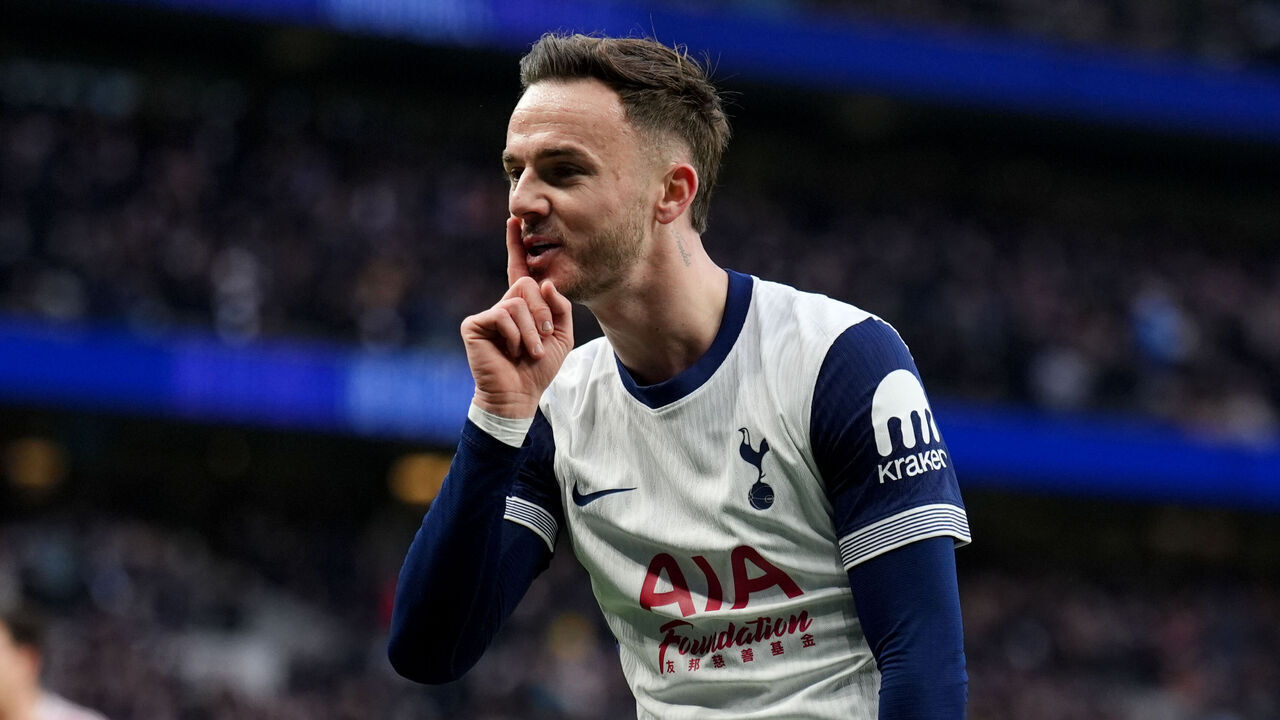 Tottenham Hotspur's James Maddison celebrates scoring the opening goal during the Premier League match at the Tottenham Hotspur Stadium, London. Picture date: Sunday February 16, 2025.