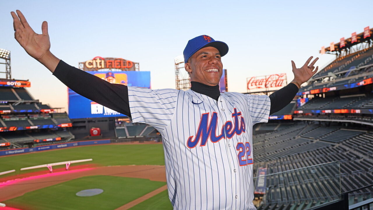 Flushing, N.Y.: New York Mets' rightfielder Juan Soto poses in his new jersey at Citi Field in Flushing, New York, on Dec. 12, 2024.