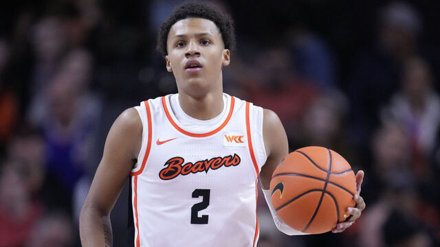 CORVALLIS, OREGON - FEBRUARY 08: Josiah Lake II #2 of the Oregon State Beavers dribbles the ball during the first half against the Saint Mary's Gaels at Gill Coliseum on February 08, 2025 in Corvallis, Oregon.