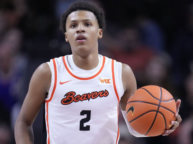 CORVALLIS, OREGON - FEBRUARY 08: Josiah Lake II #2 of the Oregon State Beavers dribbles the ball during the first half against the Saint Mary's Gaels at Gill Coliseum on February 08, 2025 in Corvallis, Oregon.