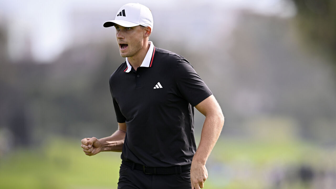 LA JOLLA, CALIFORNIA - FEBRUARY 16: Ludvig Åberg of Sweden reacts after making birdie on the 15th green during the final round of The Genesis Invitational 2025 at Torrey Pines Golf Course on February 16, 2025 in La Jolla, California.