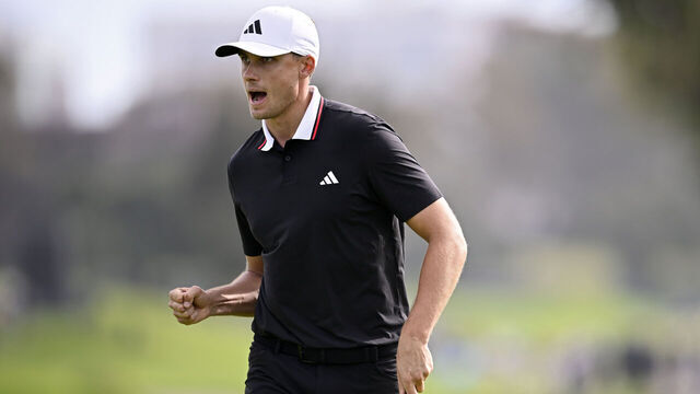 LA JOLLA, CALIFORNIA - FEBRUARY 16: Ludvig Åberg of Sweden reacts after making birdie on the 15th green during the final round of The Genesis Invitational 2025 at Torrey Pines Golf Course on February 16, 2025 in La Jolla, California.