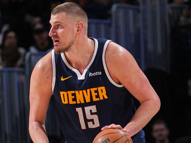 DENVER, CO - FEBRUARY 12: Nikola Jokic #15 of the Denver Nuggets dribbles the ball during the game against the Portland Trail Blazers on February 12, 2025 at Ball Arena in Denver, Colorado. NOTE TO USER: User expressly acknowledges and agrees that, by downloading and/or using this Photograph, user is consenting to the terms and conditions of the Getty Images License Agreement. Mandatory Copyright Notice: Copyright 2025 NBAE