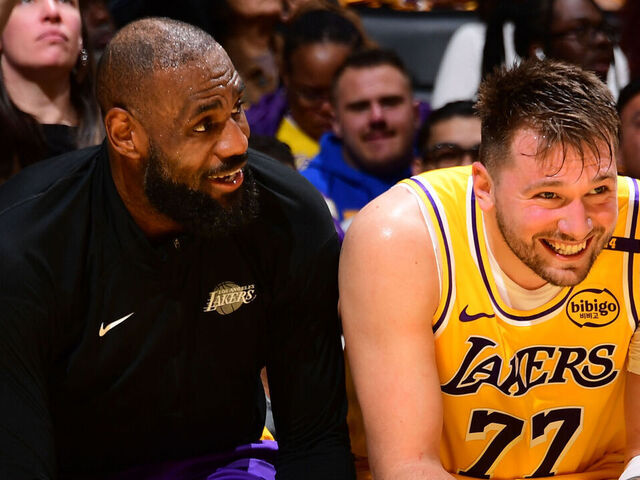 LOS ANGELES, CA - FEBRUARY 10: LeBron James #23 and Luka Doncic #77 of the Los Angeles Lakers smile during the game against the Utah Jazz on February 10, 2025 at Crypto.Com Arena in Los Angeles, California. NOTE TO USER: User expressly acknowledges and agrees that, by downloading and/or using this Photograph, user is consenting to the terms and conditions of the Getty Images License Agreement. Mandatory Copyright Notice: Copyright 2025 NBAE