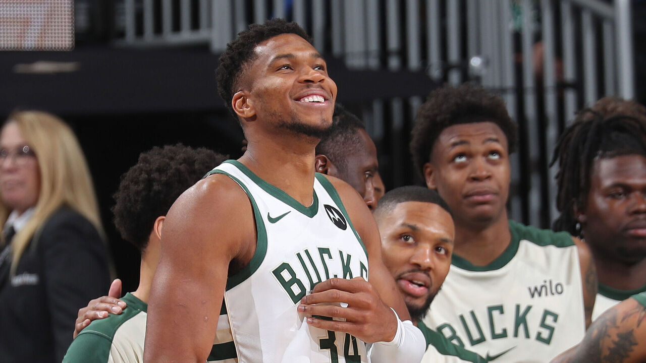 MILWAUKEE, WI - OCTOBER 14: Giannis Antetokounmpo #34 of the Milwaukee Bucks smiles during the game against the Chicago Bulls on October 14, 2024 at Fiserv Forum Center in Milwaukee, Wisconsin. Mandatory Copyright Notice: Copyright 2024 NBAE .