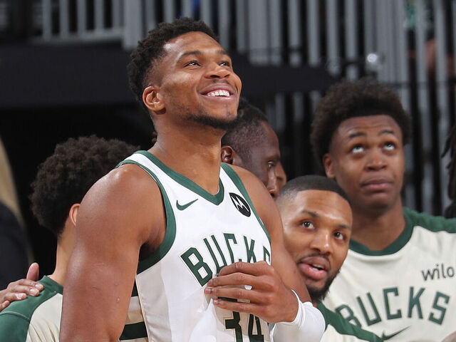 MILWAUKEE, WI - OCTOBER 14: Giannis Antetokounmpo #34 of the Milwaukee Bucks smiles during the game against the Chicago Bulls on October 14, 2024 at Fiserv Forum Center in Milwaukee, Wisconsin. Mandatory Copyright Notice: Copyright 2024 NBAE .